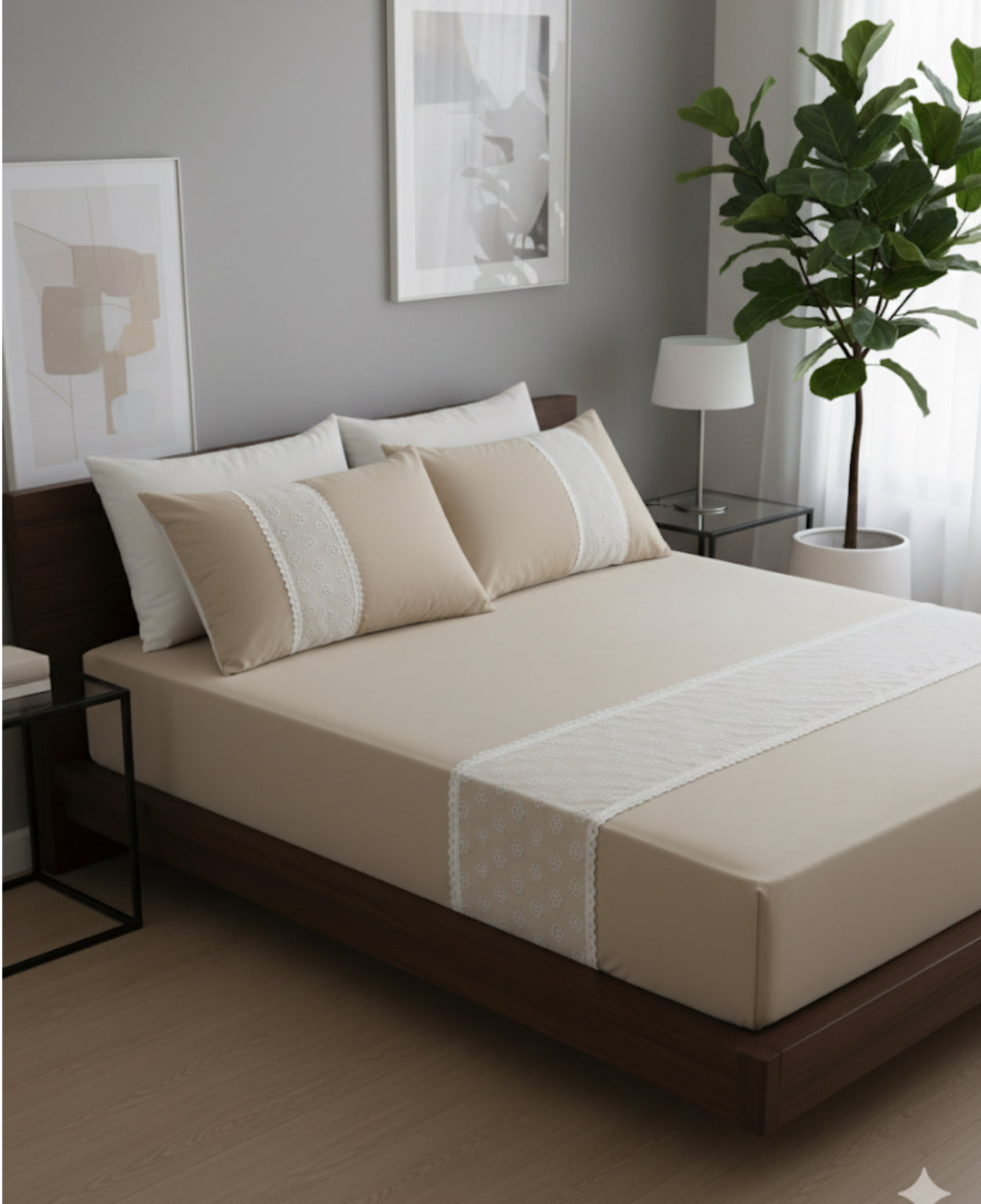 Contemporary Calm Lace-Trimmed 3-Piece Fitted Bedsheet Set – Soft Beige/Tan