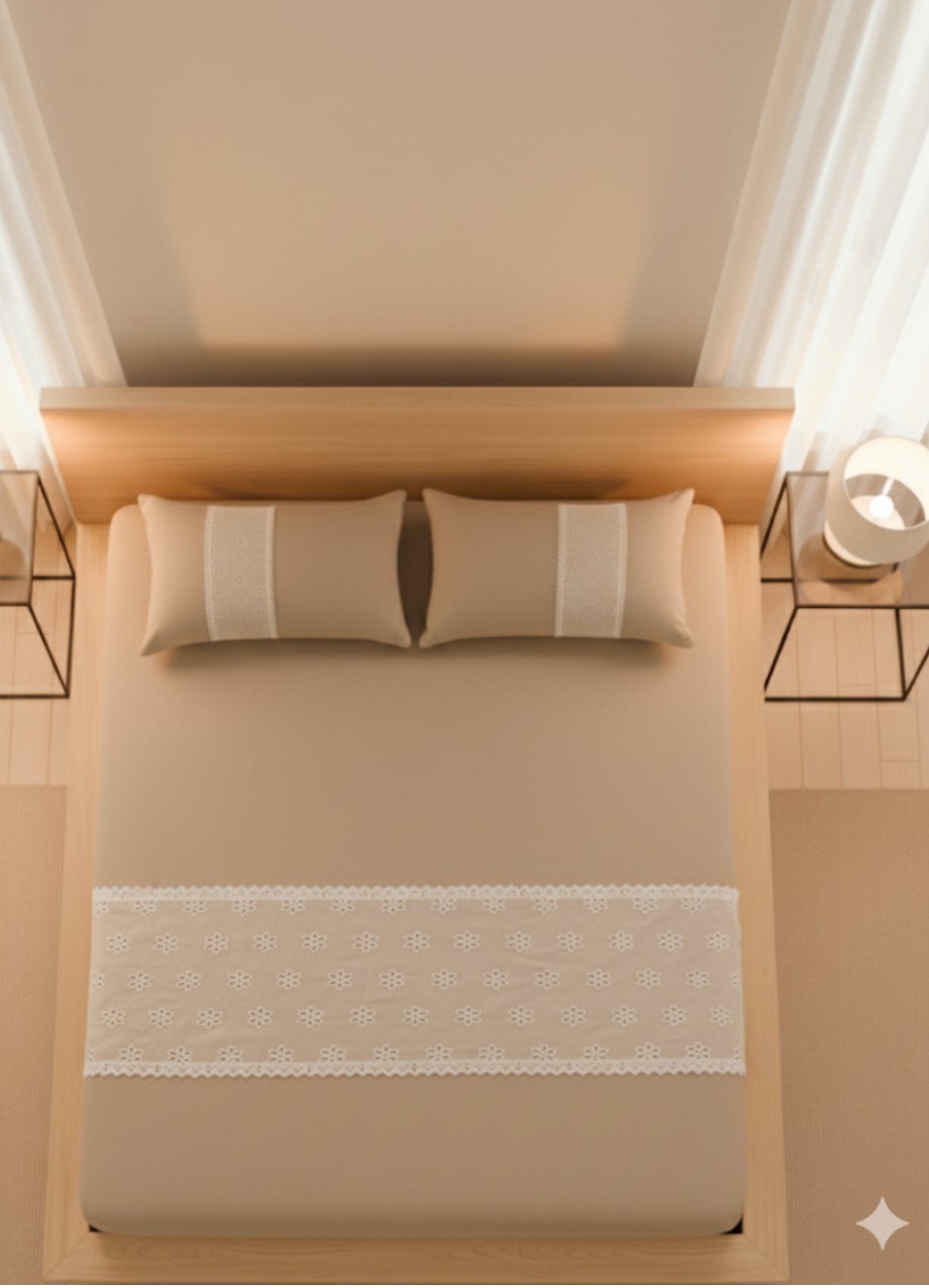 Contemporary Calm Lace-Trimmed 3-Piece Fitted Bedsheet Set – Soft Beige/Tan